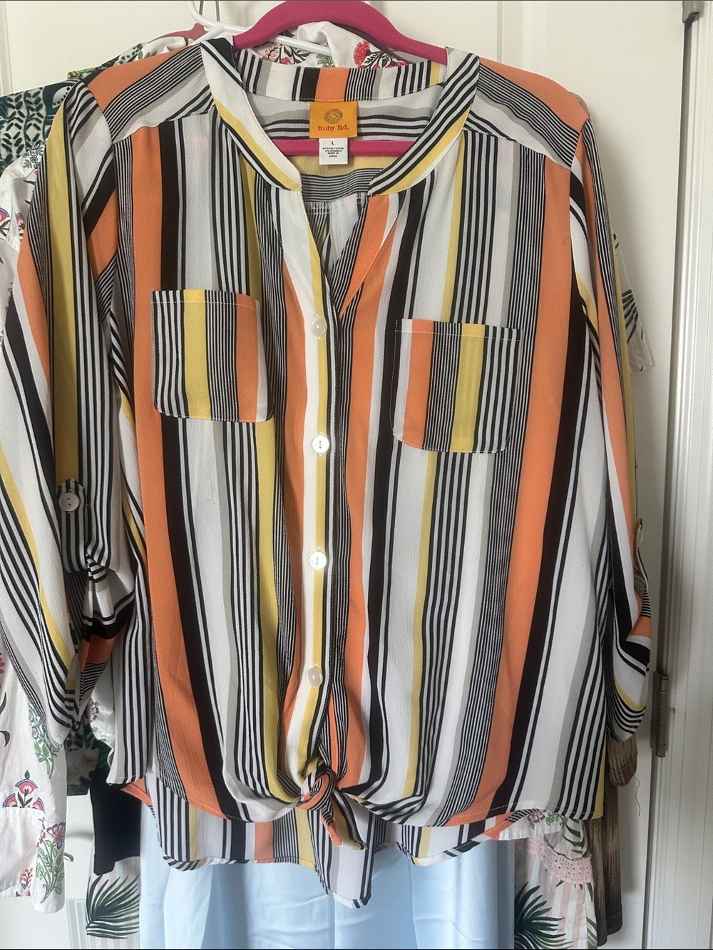 Ruby Rd. Striped Button-Front Blouse in Orange, Yellow, Black & White